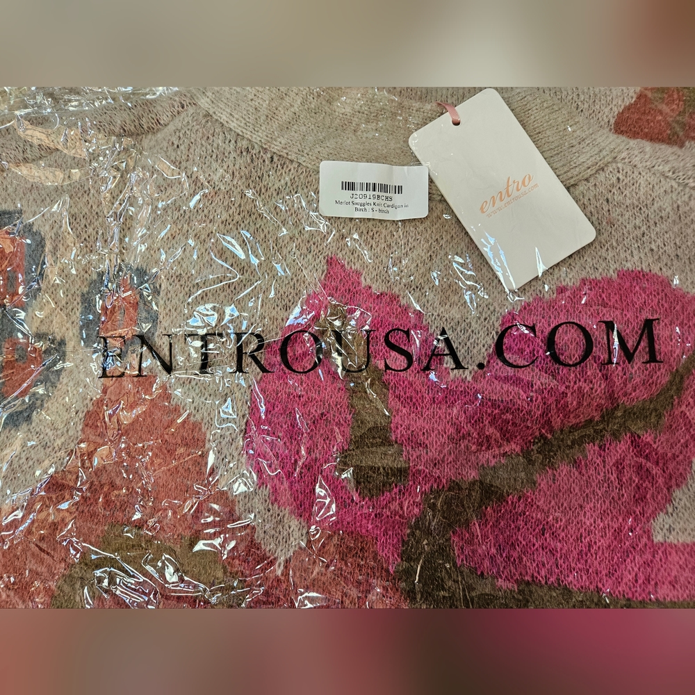 NEW Floral Print Knit Open Front Tie Waist Cardigan Sweater SMALL Birch & Pink - Picture 8 of 9